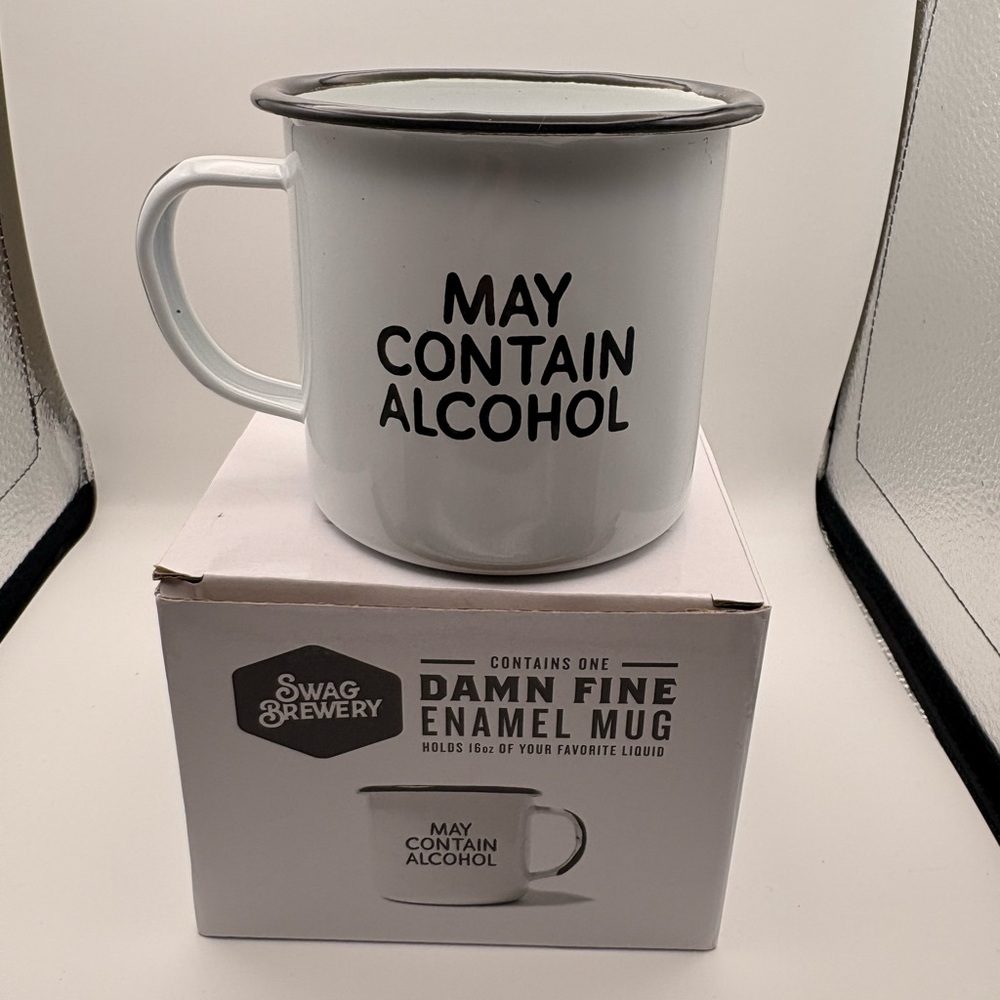 Swag Brewery May Contain Alcohol Enamel Mug 16oz Novelty White Black